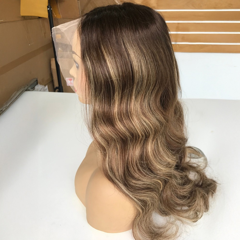 4/27 Highlight Brown Human Hair Wig Glueless Lace Front Wigs 20“