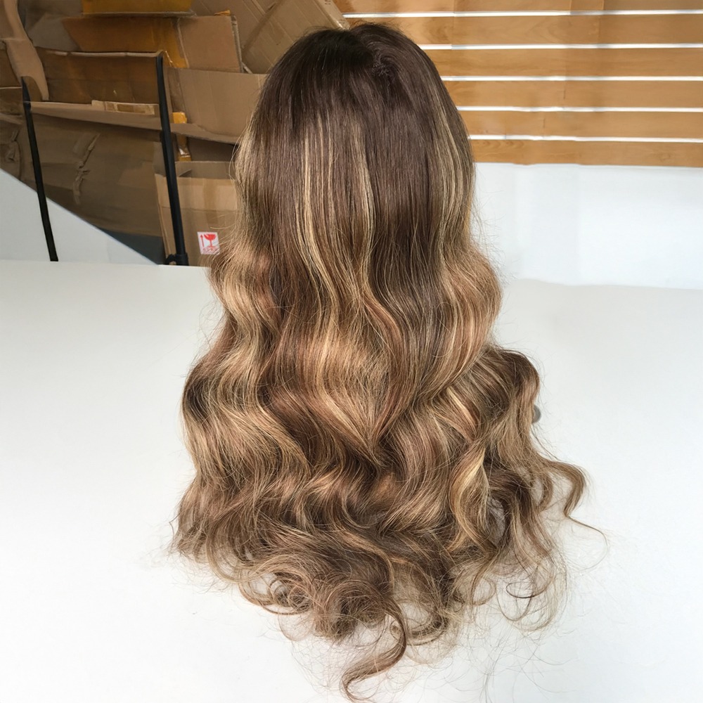 4/27 Highlight Brown Human Hair Wig Glueless Lace Front Wigs 20“