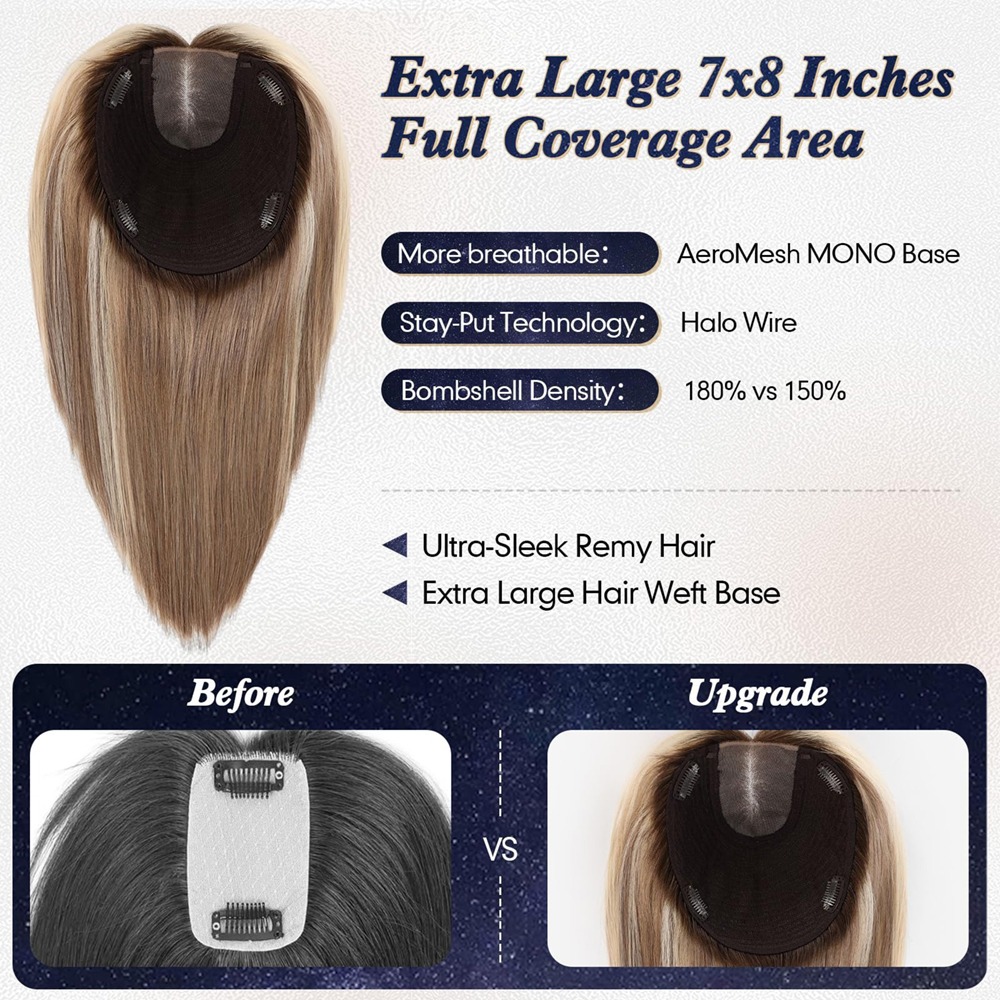 7”×8” Large Swiss Mono Human Hair Topper for Women