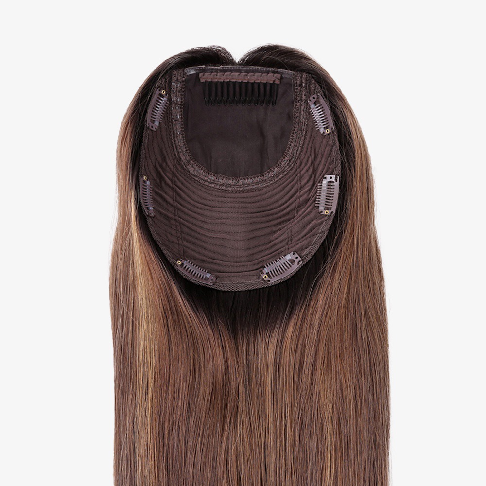 7"x8" Remy Human Hair Silk Top Crown Topper Balayage Brown 16 Inch