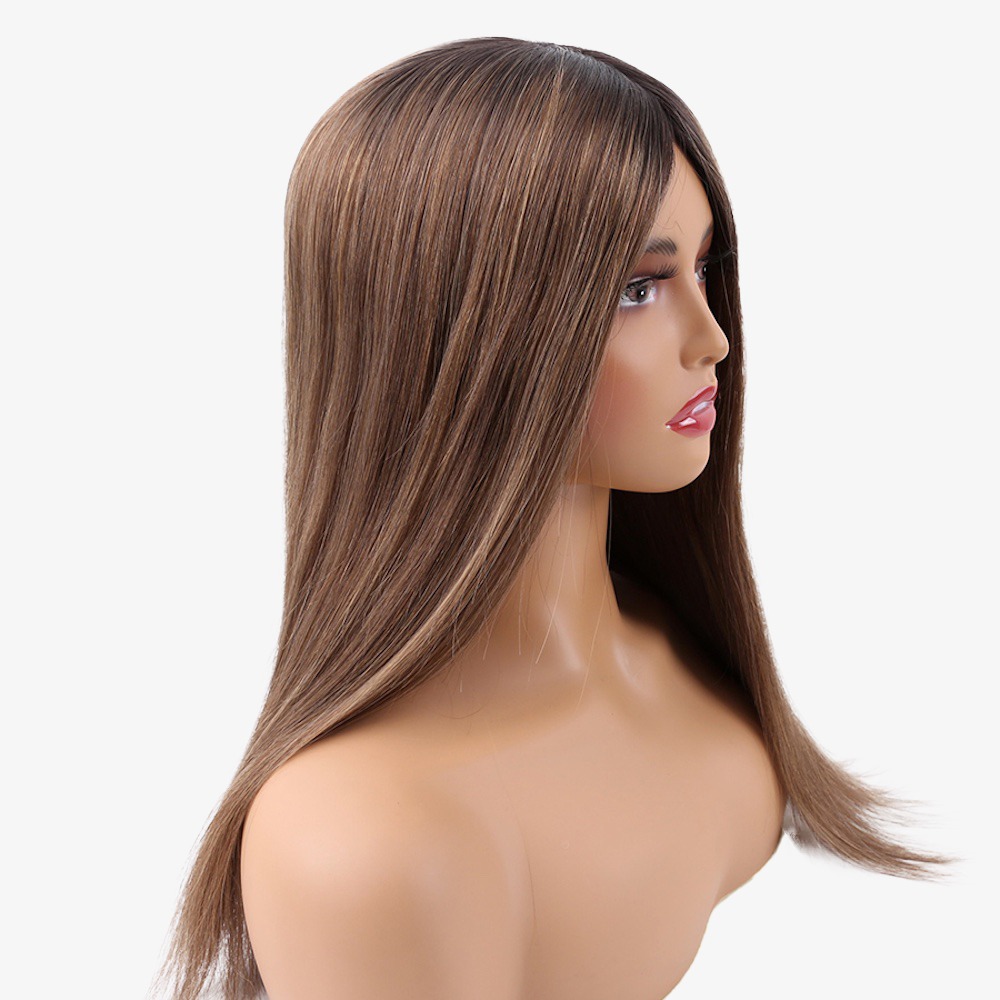 7"x8" Remy Human Hair Silk Top Crown Topper Balayage Brown 16 Inch