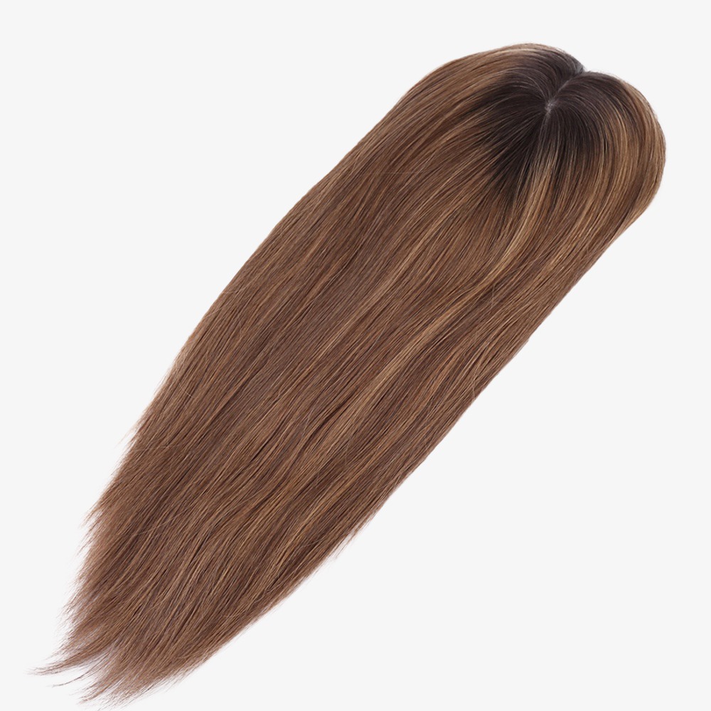 7"x8" Remy Human Hair Silk Top Crown Topper Balayage Brown 16 Inch