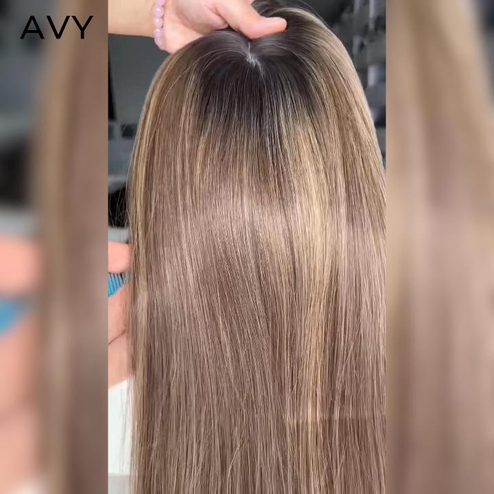 7"x8" Remy Human Hair Silk Top Crown Topper Balayage Brown 16 Inch