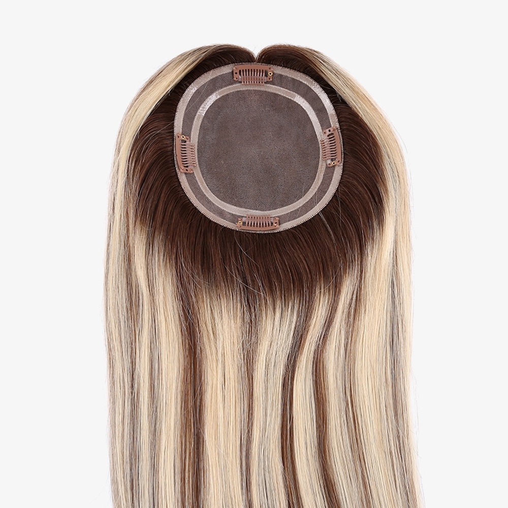 Balayage Blonde Hair Topper with Brown Roots 5.5"x6" Mono Hairpiece