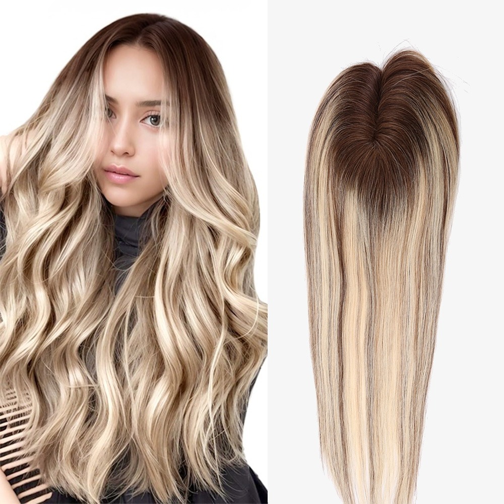 Balayage Blonde Hair Topper with Brown Roots 5.5"x6" Mono Hairpiece
