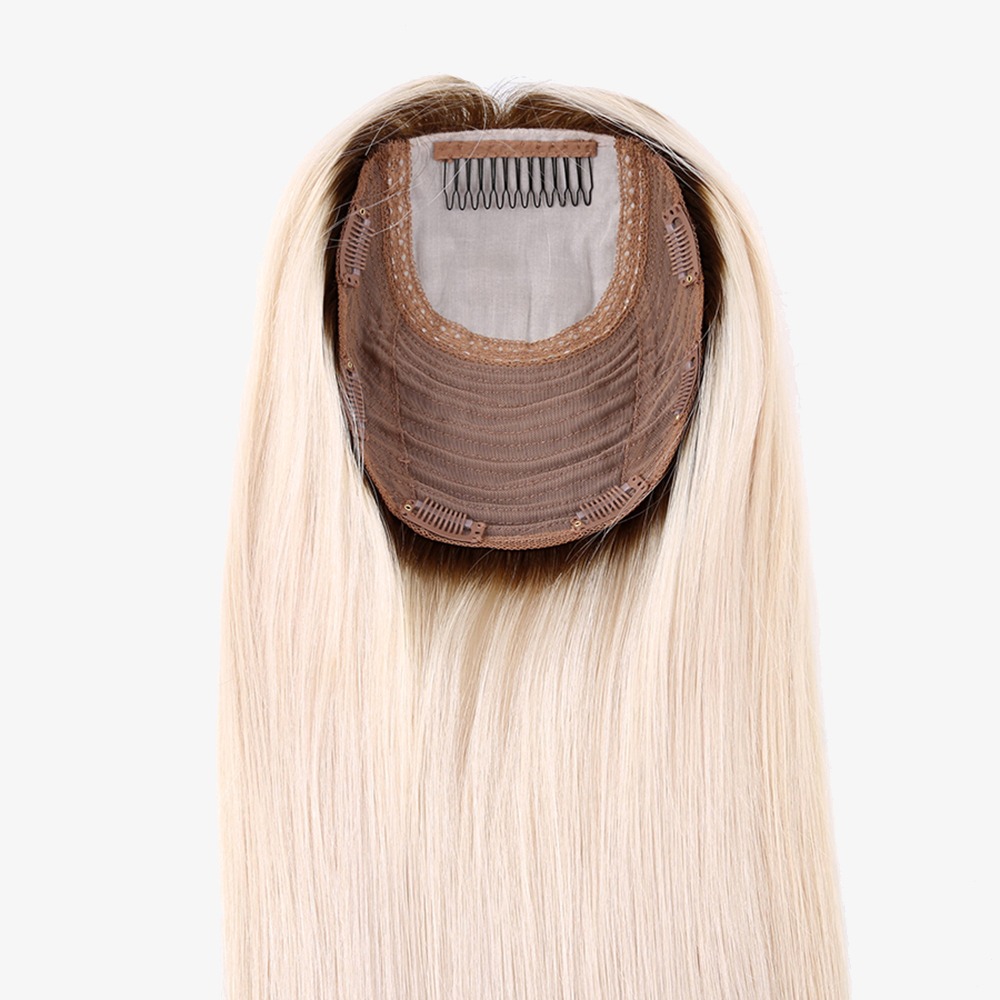 Handmade Silk Based Real Remy Human Hair Topper Rooted Ash Blonde