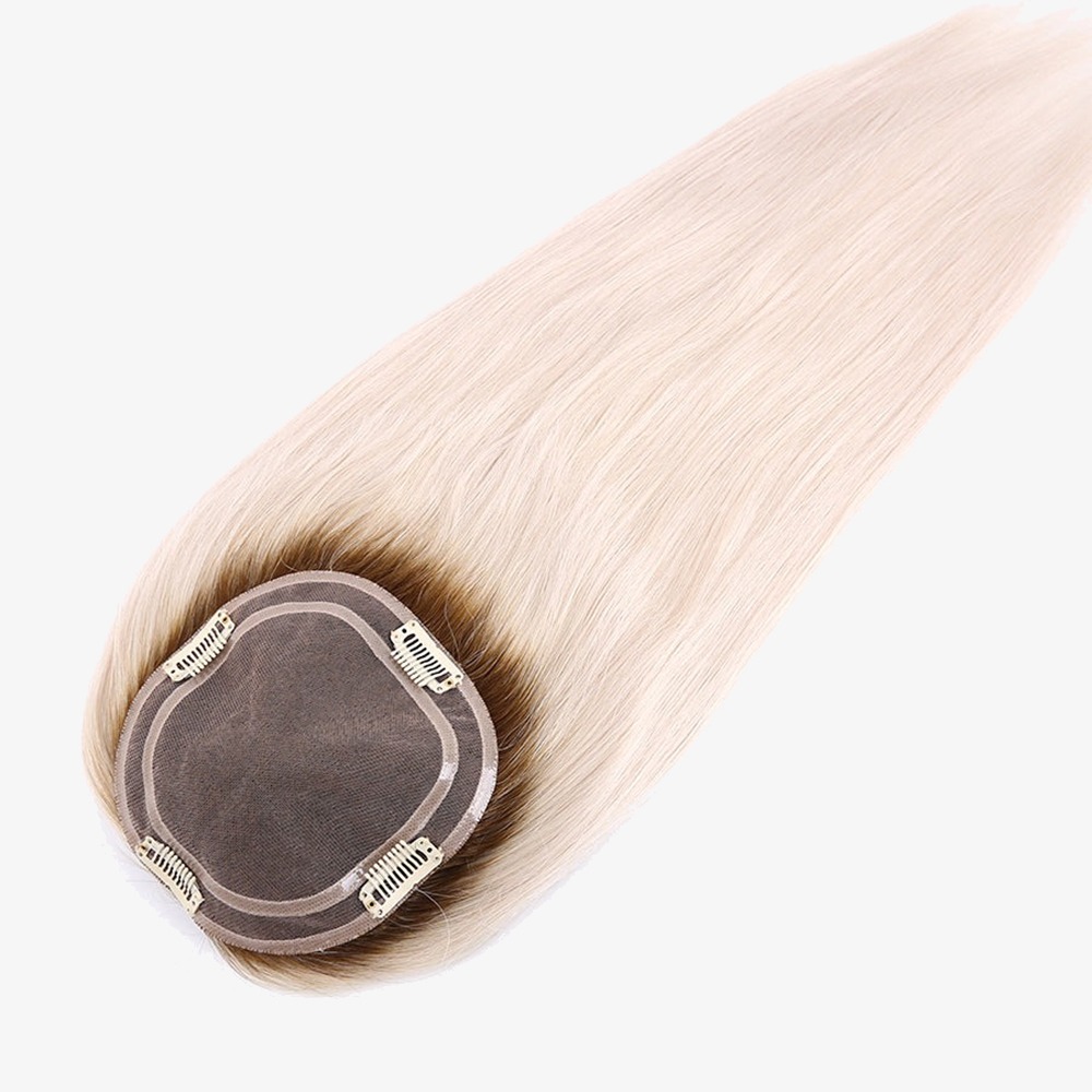 Platinum Blonde Human Hair Topper with Dark Roots | Mono Wiglet