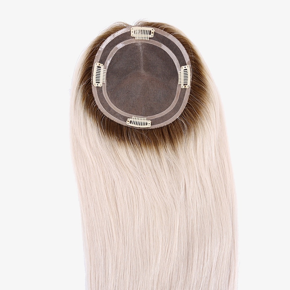 Platinum Blonde Human Hair Topper with Dark Roots | Mono Wiglet