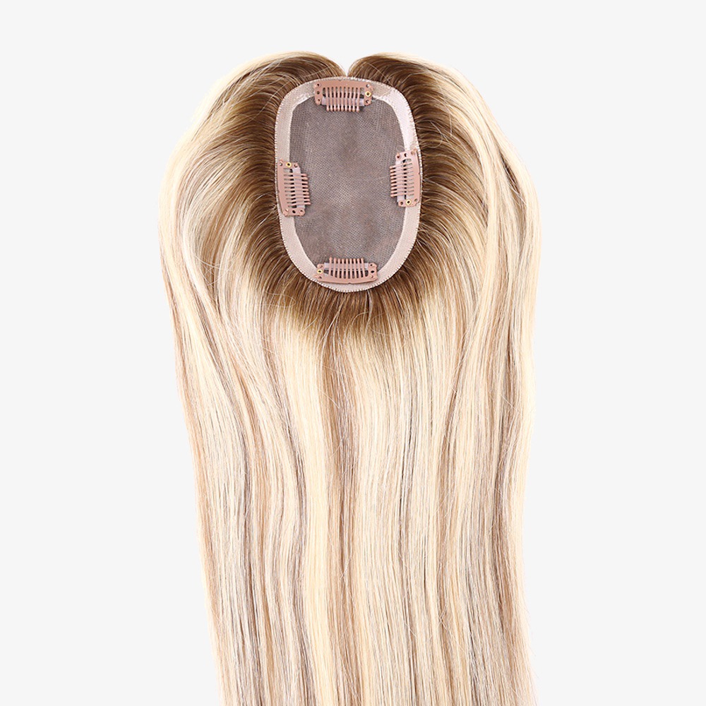 Rooted Brown With Blonde Lowlights Mono Top Human Hair Toppers