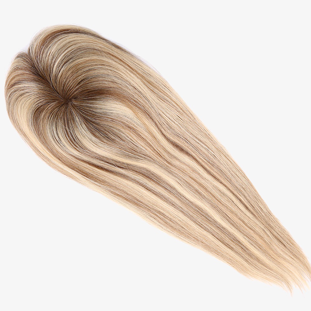 Rooted Brown With Blonde Lowlights Mono Top Human Hair Toppers