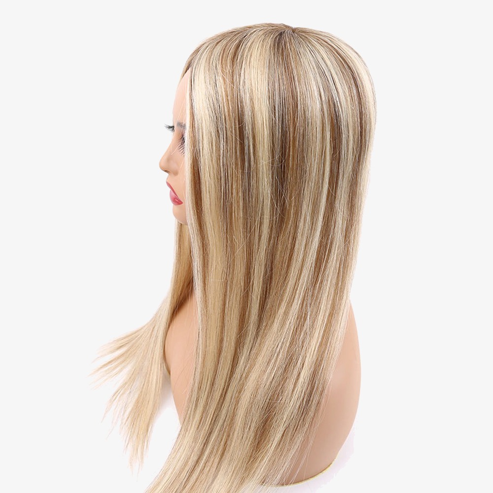 Rooted Brown With Blonde Lowlights Mono Top Human Hair Toppers