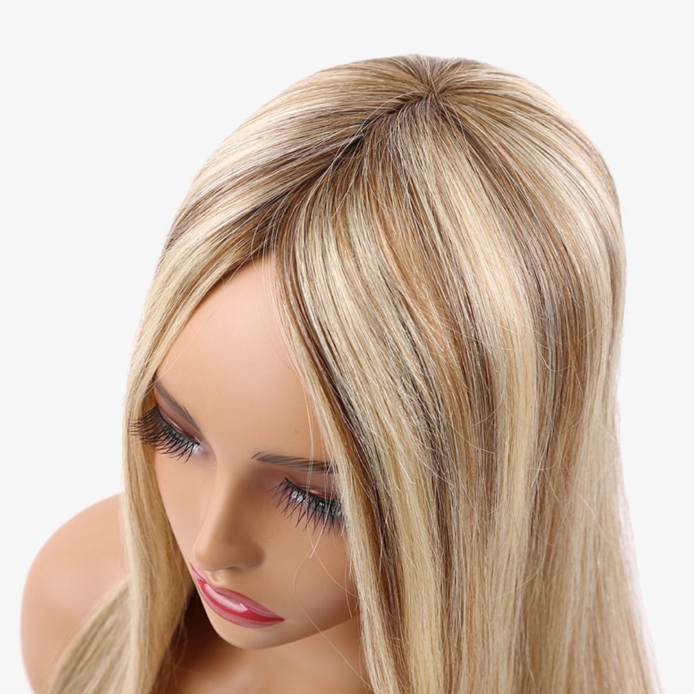 Rooted Brown With Blonde Lowlights Mono Top Human Hair Toppers
