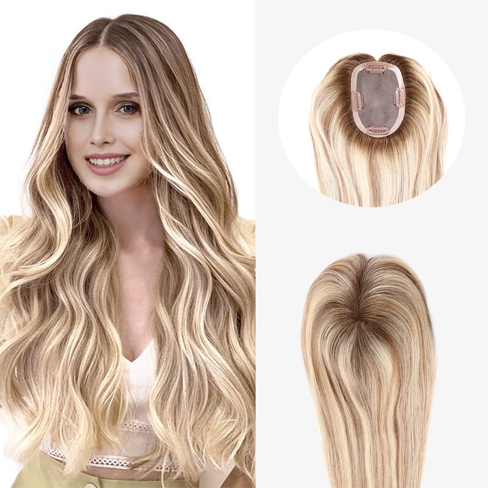 Rooted Brown With Blonde Lowlights Mono Top Human Hair Toppers