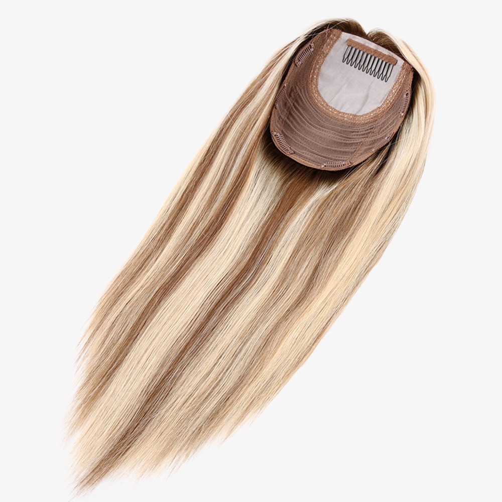 Rooted Brown With Blonde Silk Top Human Hair Toppers 16 Inch
