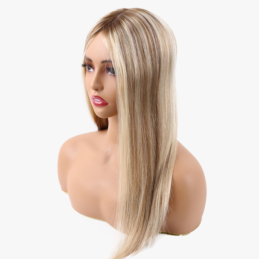 Rooted Brown With Blonde Silk Top Human Hair Toppers 16 Inch