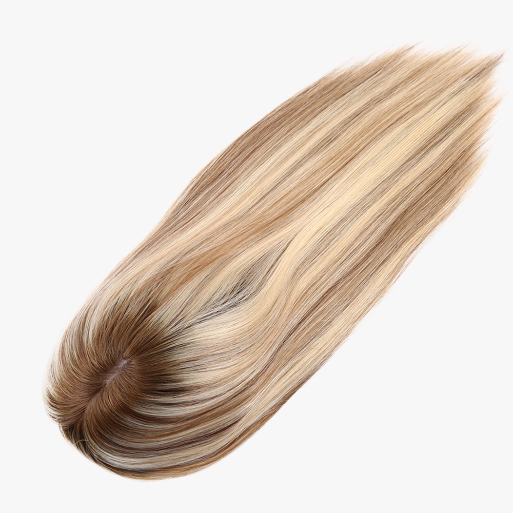 Rooted Brown With Blonde Silk Top Human Hair Toppers 16 Inch