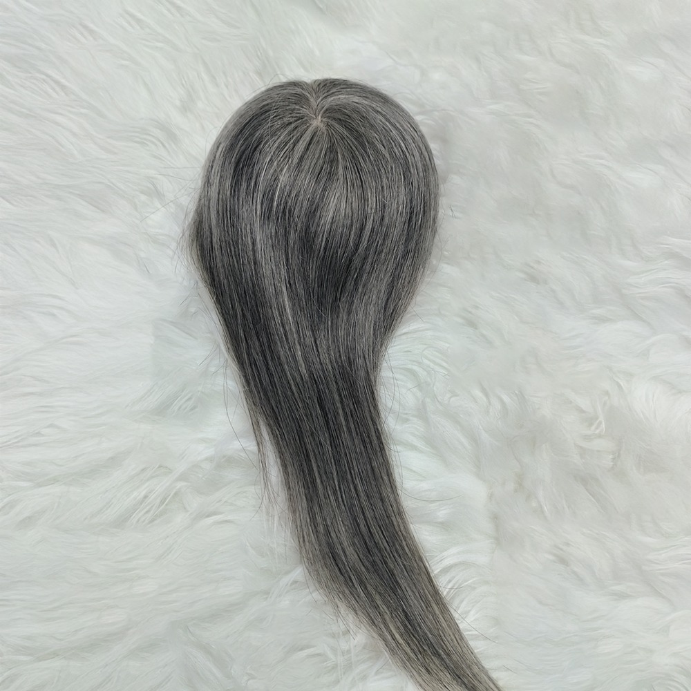 Short Salt & Pepper Gray Hair Topper Mono Base for Thinning Hair
