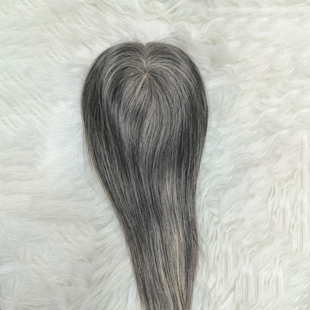 Short Salt & Pepper Gray Hair Topper Mono Base for Thinning Hair